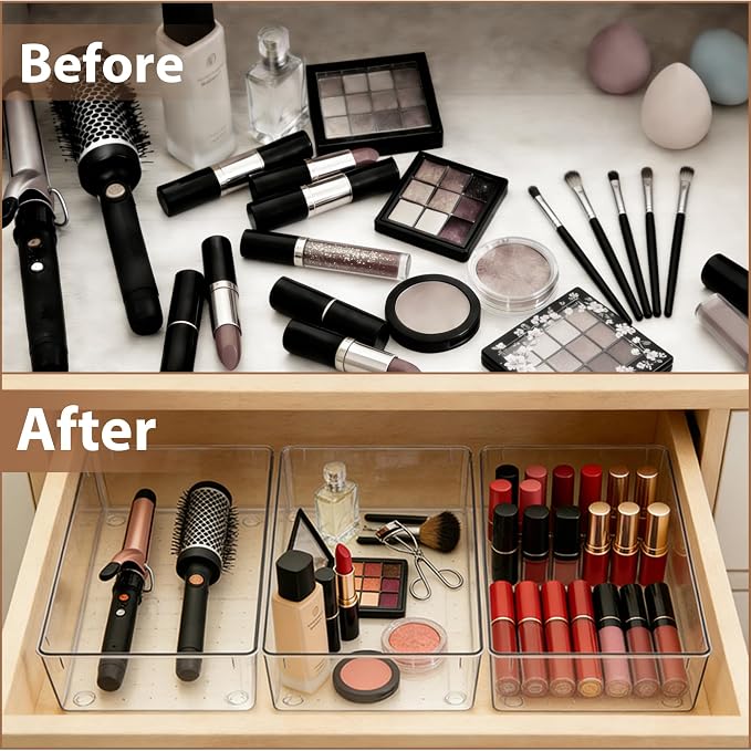 7Pack 6"*9" Clear Drawer Organizers for Makeup, Vanity, Office | Acrylic Organizer Trays for Bathroom, Nightstand, Junk for Kitchen Drawer, Versatile Plastic Drawer Divider Storage Bins