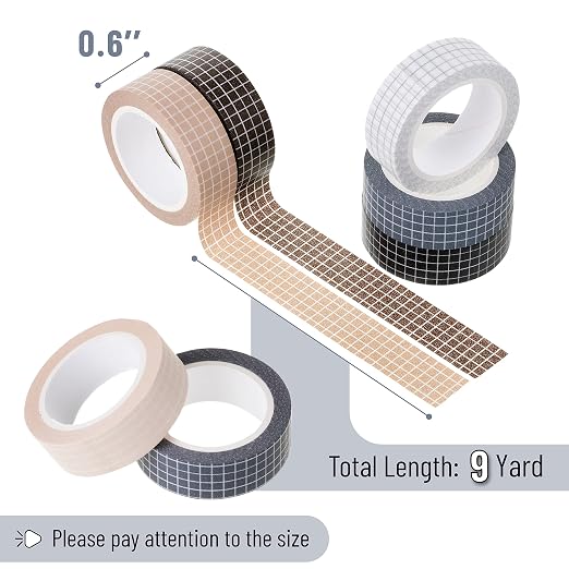 Mr. Pen- Washi Tape Set, 0.6", 7 Rolls, 9 Yards/Roll | Washi Tape for Scrapbook, Arts, Crafts, Journals and Planners, Grid