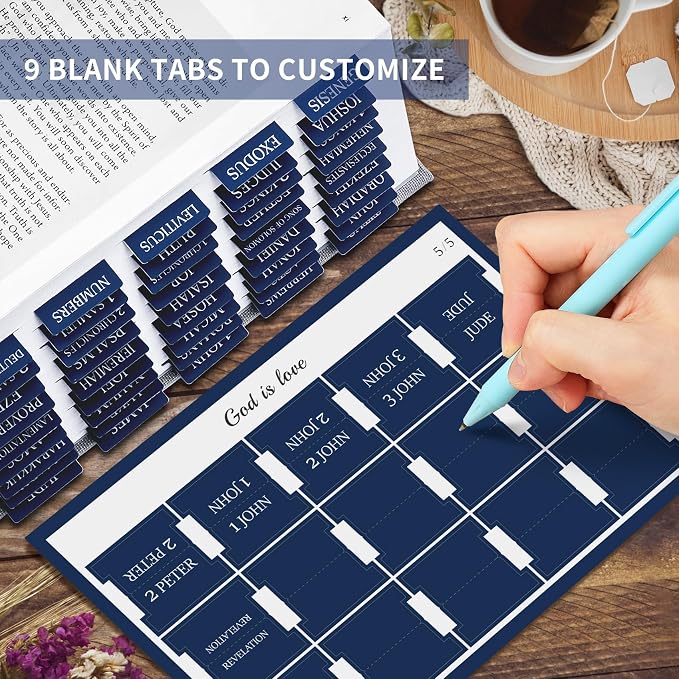 Bible Tabs for Women & Men, Bible Tabs for Study Bible, Large Print Bible Tabs for Easy Navigation, Bible Index Tabs, 66 Tabs Old & New Testament, Extra 9 Blank Tabs - Navy Blue