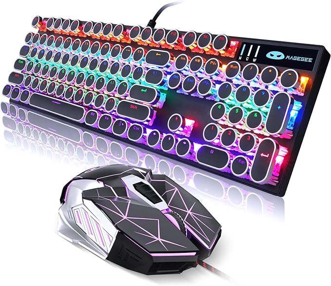 Retro Typewriter Keyboard and Mouse Combo, Cute Black Keyboard with Linear Red Switches, Full Size Wired Mechanical Gaming Keyboard, Cool Light Up Keyboard and Mouse for Gaming,Work,Mac,PC,Windows