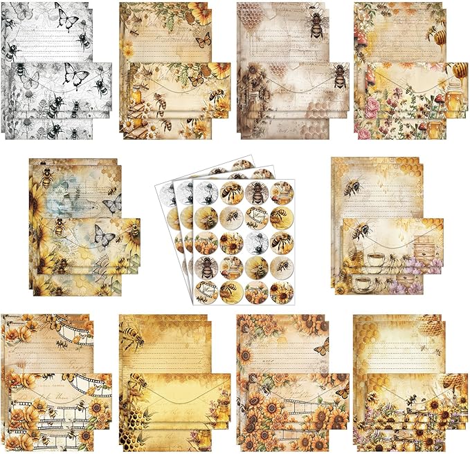 TaoBary 160 Pcs Stationery Paper Set 50 Double Sided Stationery Paper with 50 Matching Envelope and 60 Round Dot Sticker, 10 Design (Vintage Bee Floral Butterfly,8.5 x 11 Inch)