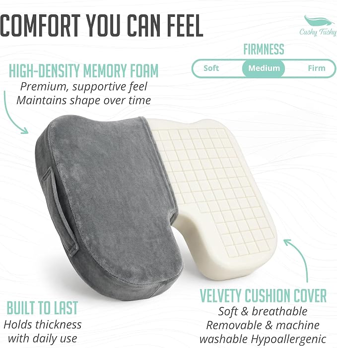 Cushy Tushy Premium Customizeable Seat Cushion, Gray | Moveable Holes, Customizable High Quality Foam, Relief for Lower Back, Sciatic, & Tailbone Pain