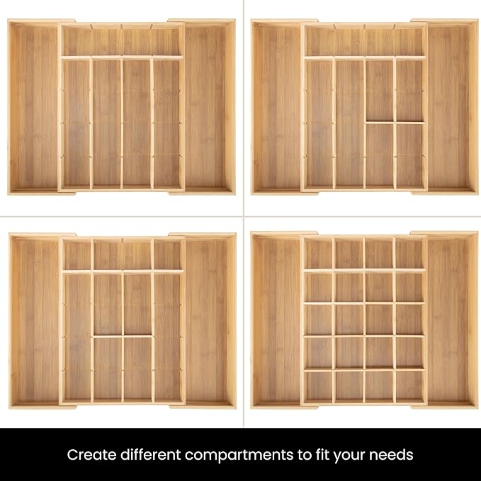 Talented Kitchen Expandable Silverware Drawer Organizer - Adjustable Bamboo Dividers for Cutlery & Utensils, Removable Sections, Space-Saving Kitchen Drawer Storage, Versatile, Durable, Natural Finish