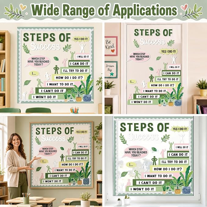 Motivational Bulletin Board Decorations Set Back to School Positive Classroom Decor Steps of Success Paper Cutouts Educational Sayings Accents for School Door Wall Chalkboard Decor Supplies (Plant)