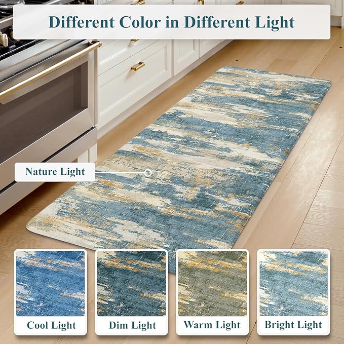 Collive Kitchen Mats for Floor 2 Piece, Abstract Cushioned Anti Fatigue Rugs Non Slip Waterproof Kitchens Sink Mat, Blue Modern Standing Mat for Bar, Office, Desk, Home Decor, 17"x29"+17"x47"