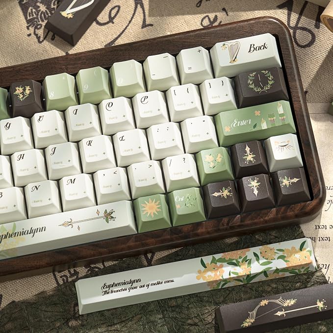 150 Keys Green PBT Keycaps, Laurel Theme Custom Keycap Cherry Profile, Dye-Sublimation Keycaps Set for 61/64/68/84/87/100/104/108 Cherry MX Mechanical Keyboards
