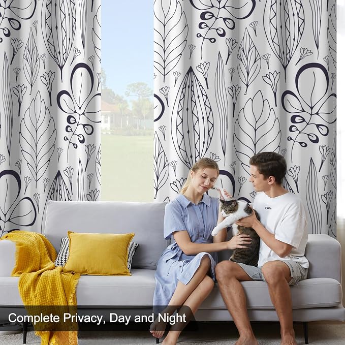 White and Brown Blackout Curtains 84 Inch Length 2 Panels Set, Printed Thermal Insulated Drapes Noise Reduction Room Darkening Grommet Blackout Curtains for Bedroom Living Room Window Treatments