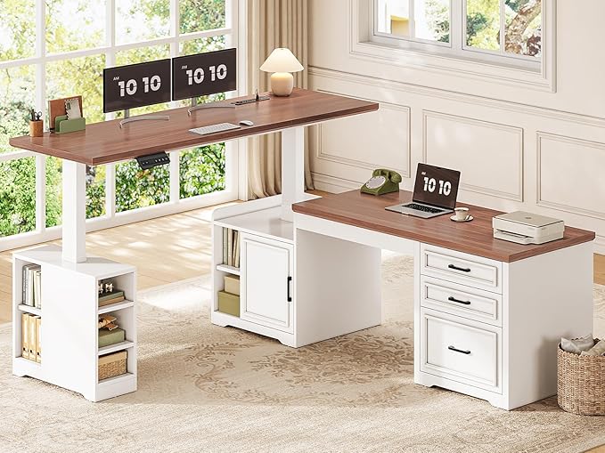 SEDETA Farmhouse L Shaped Electric Standing Desk, 63" x 67" Height Adjustable Home Office Executive Desk with Drawers, Standing Computer Desks with Power Outlet for Home Office, White+Brown