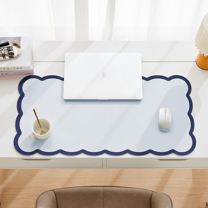 Scalloped Desk Mat, 31.5" x 15.7" Navy Blue Large Cute Aesthetic Desk Accessories, PU Leather Computer Laptop Desk Mouse Keyboard Pad, Desk Writing Mat for Vanity/Work/Home Decor Ocean