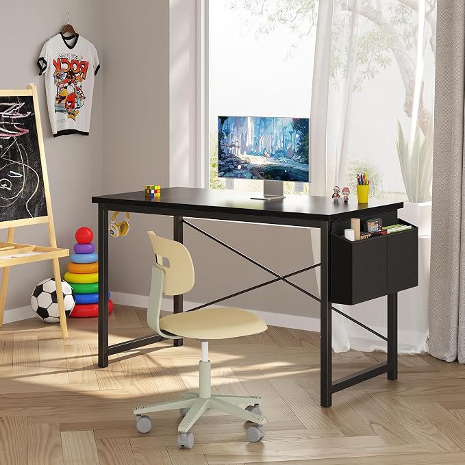 OLIXIS Computer Desk, 47 Inch Home Office Desks for Small Spaces, Writing Craft Study Gaming Table for Bedroom, Modern Computer Workstation with Storage Bag and Headphone Hook, Black