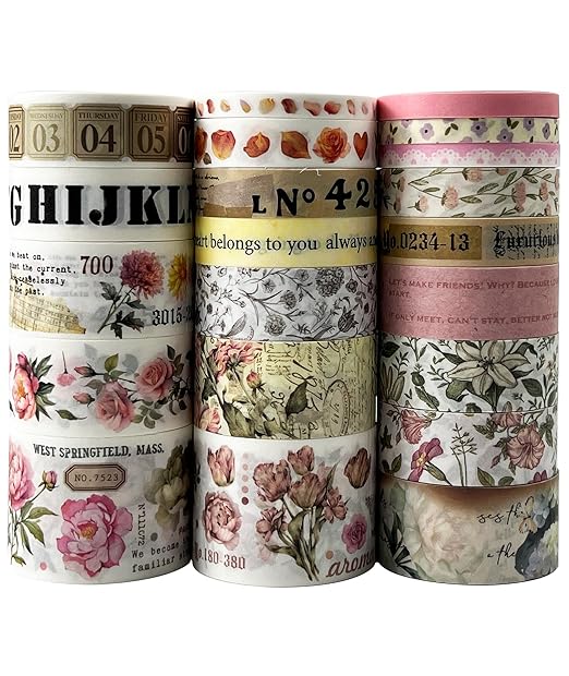 Roses Washi Tape Set 21 Rolls，Decorative Floral Botanical Writable for Scrapbooking, Junk Journal Supplies, Bullet Journaling, Planner, DIY Arts Crafts