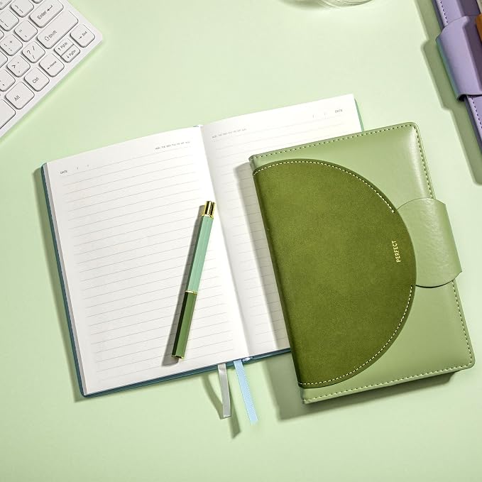 CAGIE Lined Journal for Women, 100GSM Leather Journals for Writing with Buckle Closure,A5 Hardcover Diary Journaling Notebooks for Business Work School Note Taking 5.9" x8.5 (Green)