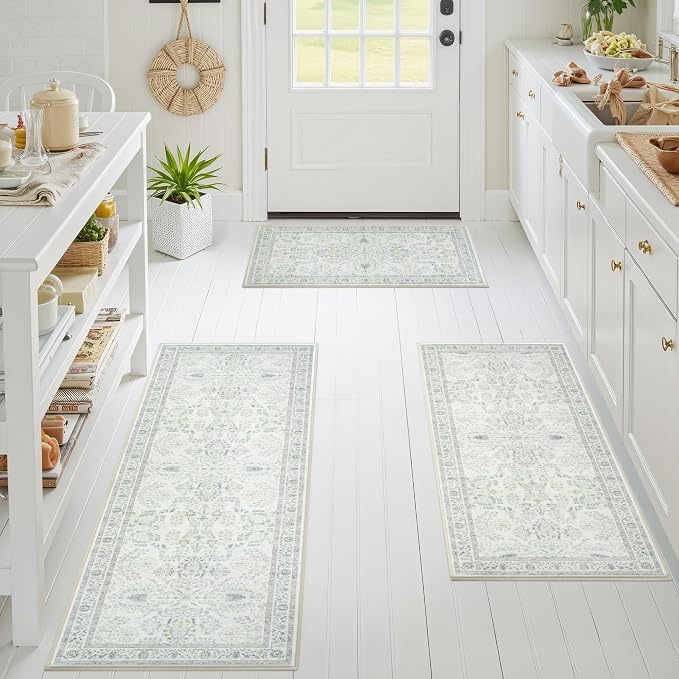 GRANNY SAYS Boho Kitchen Rug Sets of 3, Non Slip Washable Faux Wool Kitchen Mats for Floor, Thick Soft Anti-Fatigue Comfort Standing Mat Runner Rugs for Hallway Laundry Room, Green & White