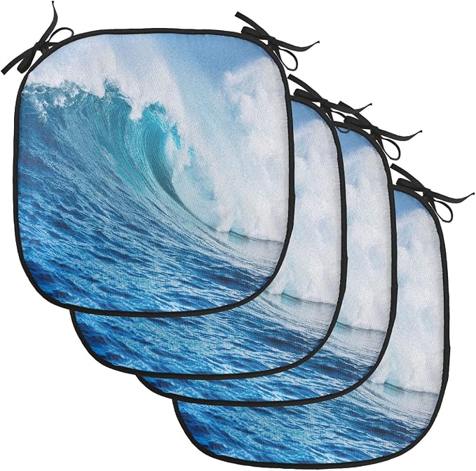 Lunarable Ocean Chair Cushion Pads Set of 4, Sea Storm with a Swirling Wave Surfing Themed Sky and Water Picture Print, Anti-Slip Seat Padding for Kitchen & Patio, 16"x16", White Blue and Aqua