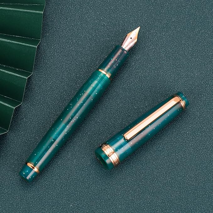 Jinhao 82 Acrylic Fountain Pen, Iridium Medium Nib with Ink Converter, Transparent Peacock Blue Fluorescent Classic Design Smooth Writing Pen (Gold Trim)