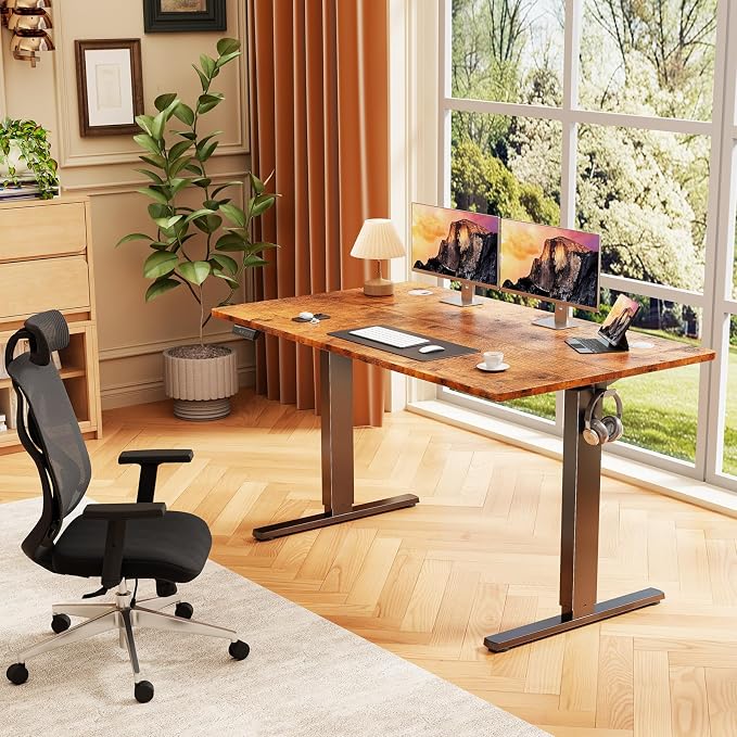 Sweetcrispy Electric Standing Desk Adjustable Height, 48x24 Inch Sit Stand Up Home Office Desks Computer Workstation PC Work Table with 3 Memory Preset Splice Wood Board Metal Frame, Rustic