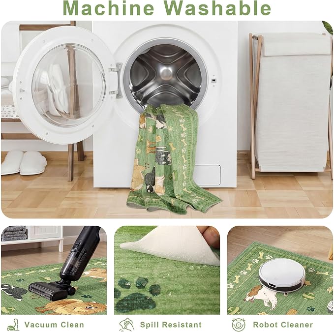 DUKINO 2x6 Washable Runner Rug for Hallway, Non Slip Animal Dog Kitchen Rug with Low Pile Design, Ultra Soft & Stain Resistant Indoor Carpert Runner for Entryway, Bedroom, Laundry, Bathroom, Green