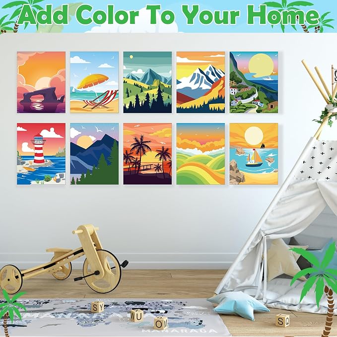Blosssound 10 Set Pre Printed Canvas Pre Drawn Canvas Painting with Easel Kits 5" x 7" Outline Painting Panels for Beginners, DIY Craft Project, Home Decors(Summer)
