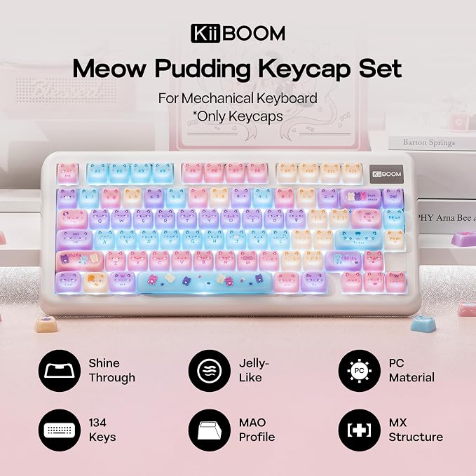 KiiBOOM Cute Cat Keycaps Set, Mao Profile, PC Keycap for MX Switches Mechanical Keyboard, Compatible with 60%, 65%, 75%, TKL, 96%, Full-Sized Layout (Meow Pudding)