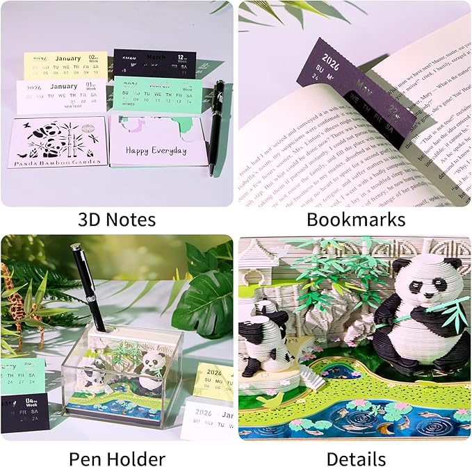 3D Art Calendar Memo Pad 2026, Tear Away 3D Paper Carving Time Piece Calendar Notepad Creative DIY Note,Bamboo Garden Panda
