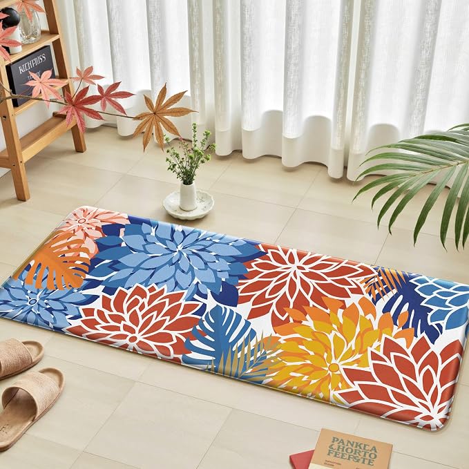 Arenarug Kitchen Mats for Floor 2PCS Cushioned Anti Fatigue Kitchen Mats Waterproof Non Slip Kitchen Mat Rug Set Comfort Foam Standing Mat for Sink, Laundry, Office,17.3" x 28" + 17.3" x 47", Red Blue