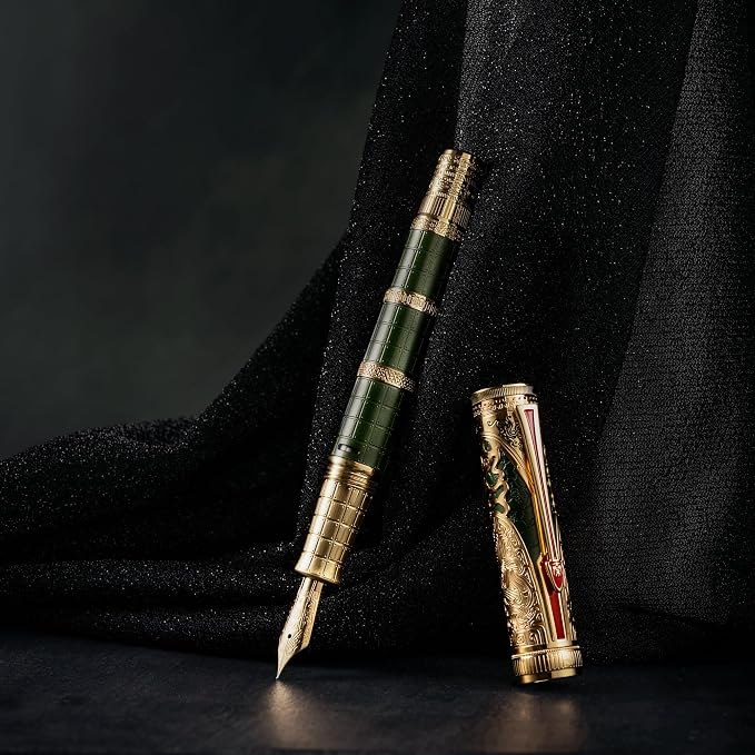 HONG DIAN D5 Qin Dynasty Fountain Pen Green Gold, Fine Nib Piston Filling Pen, Retro Chinese Totem Engraving Smooth Writing Pen with Pen Box Set