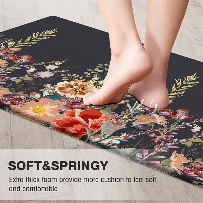 MAYHMYO Kitchen Rug Anti Fatigue Kitchen Mat Cushioned Black Floral Plants Cute Vintage Kitchen Rugs Non Skid Waterproof Kitchen Rugs and Mats for Floor Laundry Standing Desk Sink