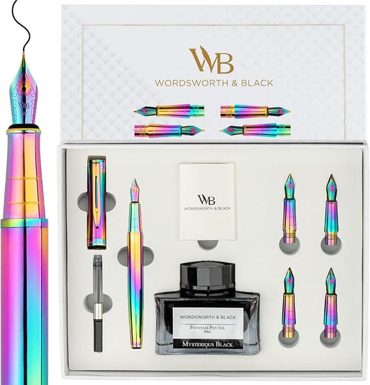 Wordsworth & Black Fountain Pen Gift Set, Includes Ink Bottle, 6 Ink Cartridges, A Refill Converter, 4 Replacement Nibs, Journaling, Calligraphy, Smooth Writing Pens [Rainbow]