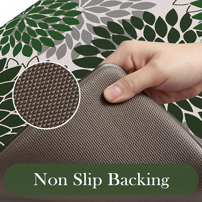KIMODE Kitchen Mat Anti Fatigue Cushioned Kitchen Rugs Sets of 2 Decor | Dahlia Floral Boho,Non Slip Rubber Backing,Green,Waterproof,Farmhouse Standing Mat Christmas Decor for Laundry Kitchen Sink