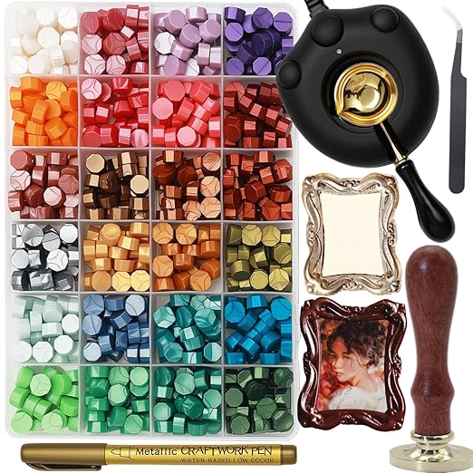 Frame Wax Stamp Kit, 624Pcs Sealing Stamp Beads Set with Electric Wax Seal Warmer, 3D Embossed Frames Relief Carve Stamps Waxing, Gold Pen,Tweezer (Set01)