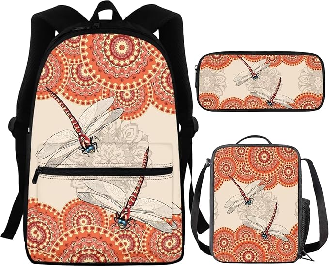 Dragonfly Large Backpack Set for Girls with Lunch Box and Pencil Bag Fashion School Book Bag and Lunch Bag Set for Toddler Girls Backpacks Back to School Supplies