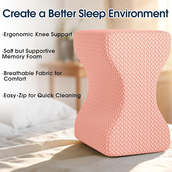 BlissTrends Memory Foam Knee Pillow, Knee Pillow for Side Sleepers, Leg Pillows for Sleeping Blood Circulation, Elevation Pillow for Spine Aligning, Sciatica, Hip, Knee, Ankle Pain, Pink, X-Large