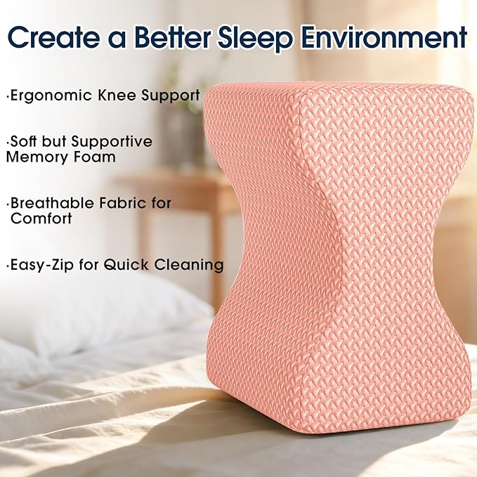 BlissTrends Memory Foam Knee Pillow, Knee Pillow for Side Sleepers, Leg Pillows for Sleeping Blood Circulation, Elevation Pillow for Spine Aligning, Sciatica, Back, Hip, Knee, Ankle Pain, Pink