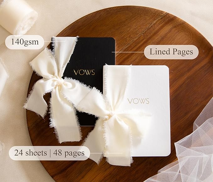 Black White Embossed Slim Vow Books w/Ribbon (Set of 2) - 5.625 x 4 Minimalist Pocket Sized Embossed Wedding Ceremony Vow Renewal Speech Notebook Journal