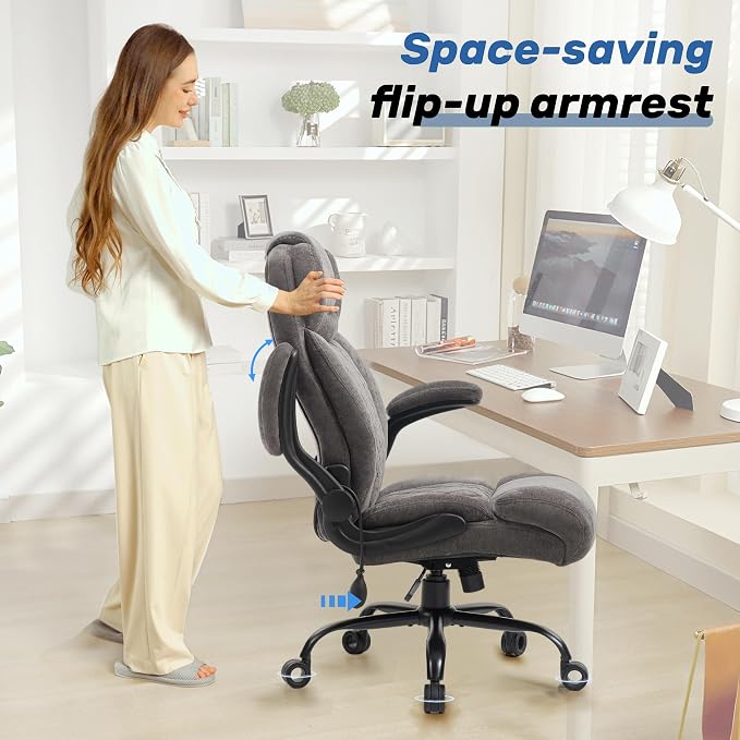 550LBS Big and Tall Office Chair, Comfy Heavy Duty Executive Chair with Adjustable Lumbar Support Double Spaces Casters, Fabric Extra Wide Seat Ergonomic Computer Desk Chair for Back Pain,Greycloth
