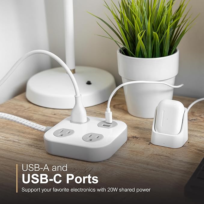 GE UltraPro 3-Outlet Surge Protector with 4ft Braided Cord, Power Strip, Extension Cord, Flat Plug, 1 USB-A & 1 USB-C Port, 245 Joules, for Home School & Office, Charging Station, White – 81786