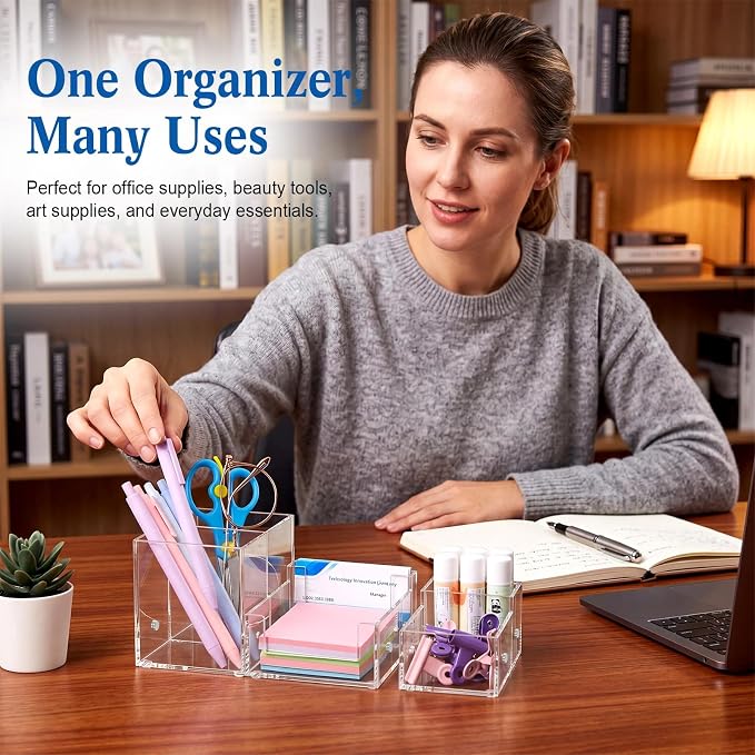 Novabright Magnetic Acrylic Desk Organizer, 3-in-1 Modular Pen Holder, Clear Desktop Stationery Caddy with Sticky Note Tray, 6 Compartments Office & Home Desk Storage Organizer
