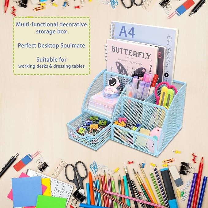 Boutilon Mesh Desk Organizer Desktop Office Supplies Stationary Organizer with 6 Compartments and 1 Drawer Multi-Functional Caddy Pen Holder for Home Office School Desk Decor(Light Blue)