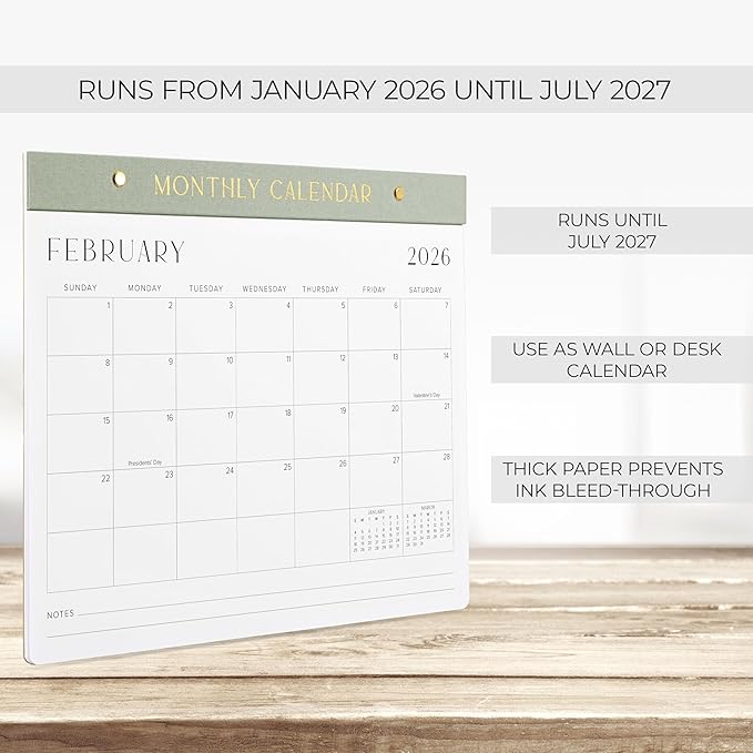Aesthetic 2026-2027 Desk Calendar - Runs From January 2026 Until July 2027 - Minimalistic Office Desktop/Wall Calendar 14.5"x11.5" for Easy Organizing