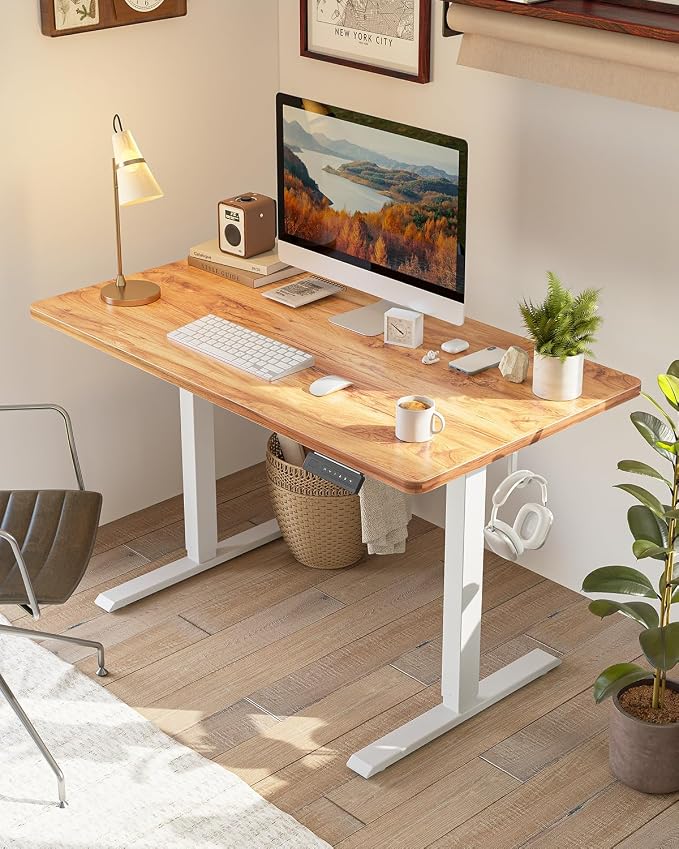 CubiCubi 48 x 24 Large One-Piece Standing Desk, Adjustable Height Electric Computer Home Office Sit Stand up Workstation, with 4 Memory Presets, Headphone Hook, Light Vintage