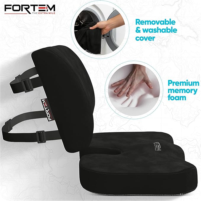 FORTEM Seat Cushion, Office Chair Cushion, Lumbar Support Pillow for Office Chair, Memory Foam Car Seat Cushions, Sciatica Coccyx Tailbone Pain Relief, Cushions for Back Support, Washable, Non Slip