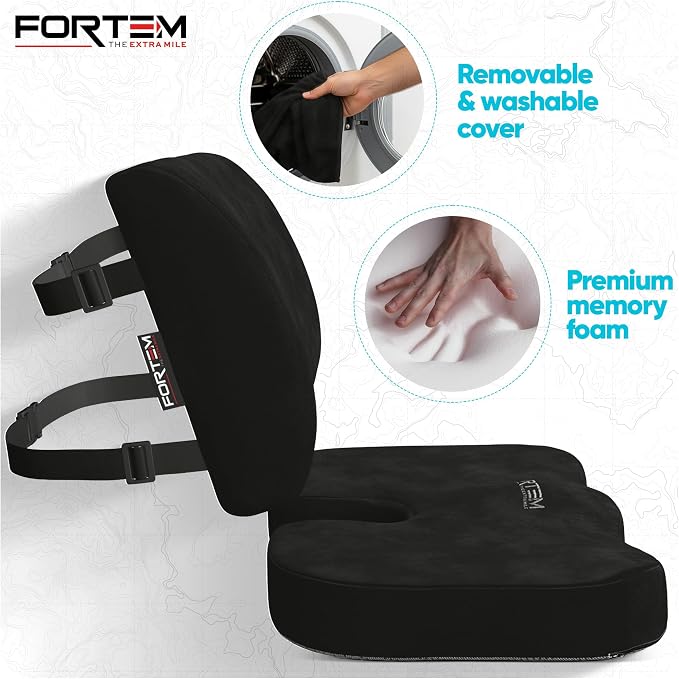 FORTEM Seat Cushion, Office Chair Cushion, Lumbar Support Pillow for Office Chair, Memory Foam Car Seat Cushions, Sciatica Coccyx Tailbone Pain Relief, Cushions for Back Support, Washable, Non Slip XL