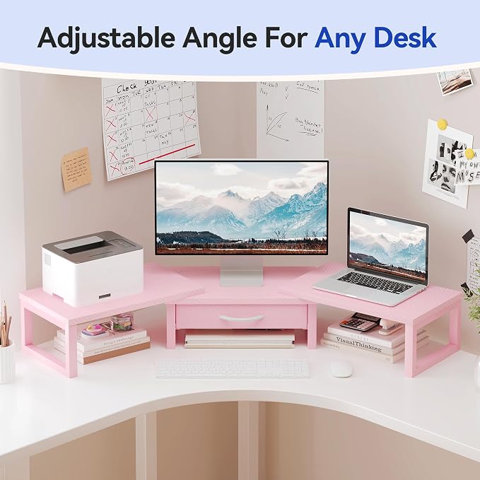 Desk Organizers and Accessories, Dual Monitor Stand Riser with Drawer, Computer Monitor Stand, Adjustable Desk Shelf for PC Laptop Printer TV, Pink