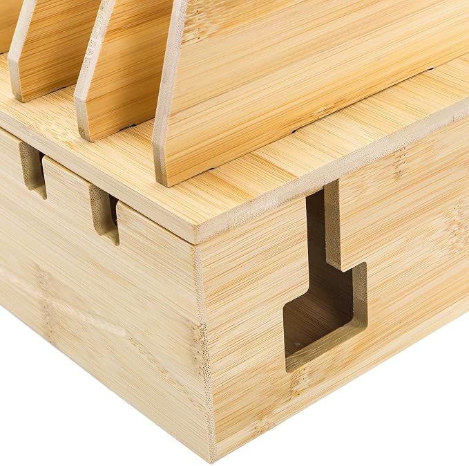 WRINGKIT Bamboo Charging Station for Multiple Devices, Hold 6 Devices | Desktop Charging Docking Stations Organizer with Removable Divider Slots, Compatible with Tablets, iPads, Cell Phone, Laptop