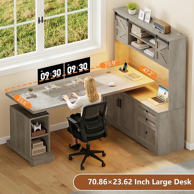 71" LED L Shaped Standing Desk with Hutch and Drawers, Farmhouse | Farmhouse Height Adjustable Sit Stand Desk, Large Corner Computer Desk with File Cabinet, Power Outlets & LED Lights, Grey