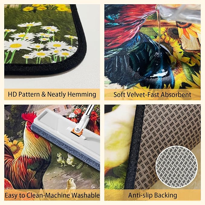 Voanos Rooster Kitchen Rugs,Non Skid Washable Microfiber mats for Kitchen Floor,Farmhouse Sunflower Kitchen Cushioned Runner Rug Decor Sets of 2, Size 17"x 47"+17"x 30"