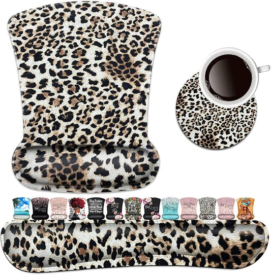 Keyboard Wrist Rest Pad and Ergonomic Mouse Pad Wrist Support Set Leopard for Gaming, Office, Comfortable and Pain Relief with Coaster Set