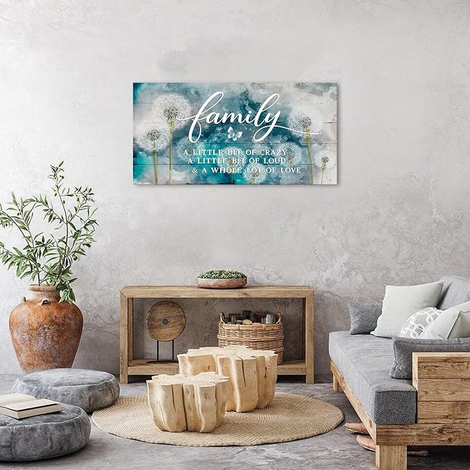 Family Wall Decor Teal Kitchen Wall Art Farmhouse Inspirational Quotes Canvas Prints A Little Bit of Crazy Loud Love Large Dandelion Family Signs for Home Decor Wall Living Dining Room Bedroom 20x40"