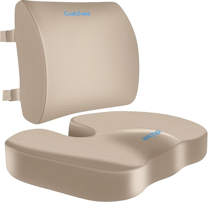 CushZone Ergonomic Seat Cushion & Lumbar Support Pillow - Memory Foam for Sciatica Pain Relief & Posture Correction, Non-Slip Chair Cushions for Office Chair/Car/Wheelchair/Travel, Khaki X-Large