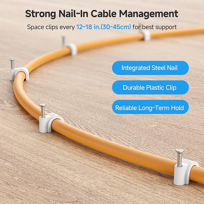 Cable Matters 200-Pack Nail-in Cable Clips, Cord Organizer, 7mm / 0.27 in. | For Cables Up to 7mm OD, Integrated Nails, Storage Container Included, Wall Clips for Baseboards and Wood Trim